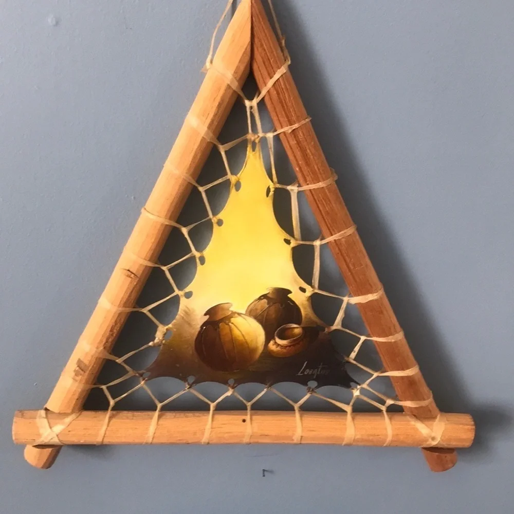 Rustic handpainted on leather & wood sticks frame Native American oil painting